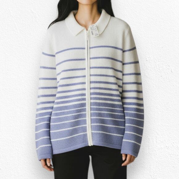 Y2K Vintage Periwinkle White Stripe Full Zip Up CJ Banks Sweater Jacket Size 14W - Picture 3 of 8